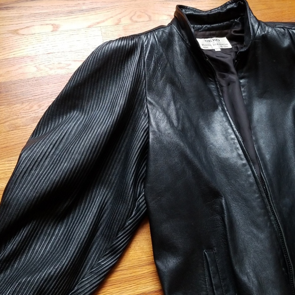 VINTAGE Black Leather Jacket w/Pleated Puff Sleeve